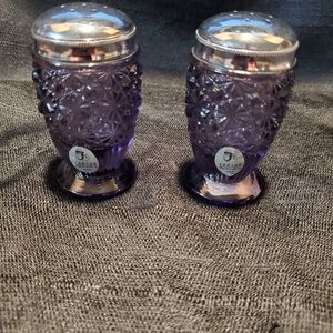 Fenton "Daisy and Button" amethyst carnival glass salt and pepper shakers